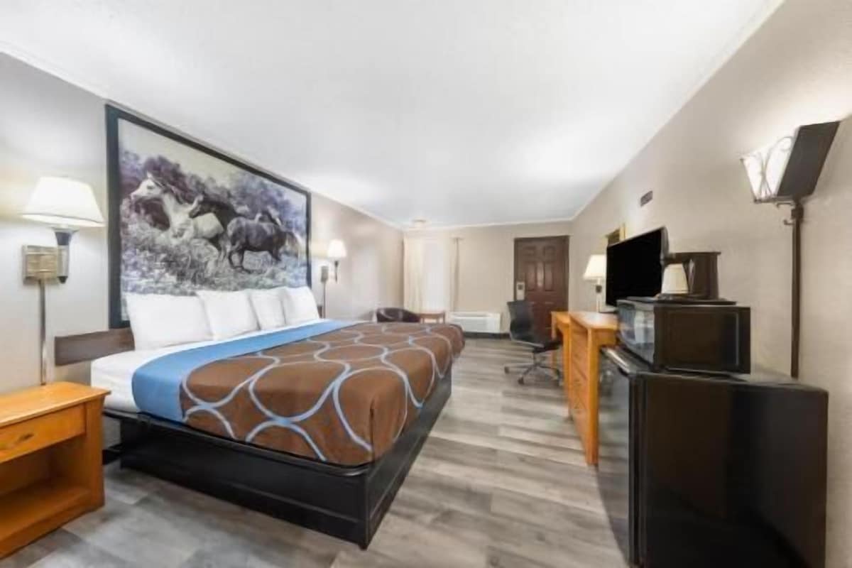 A hotel room with a large bed, a desk with a computer, a television, and a painting on the wall.
