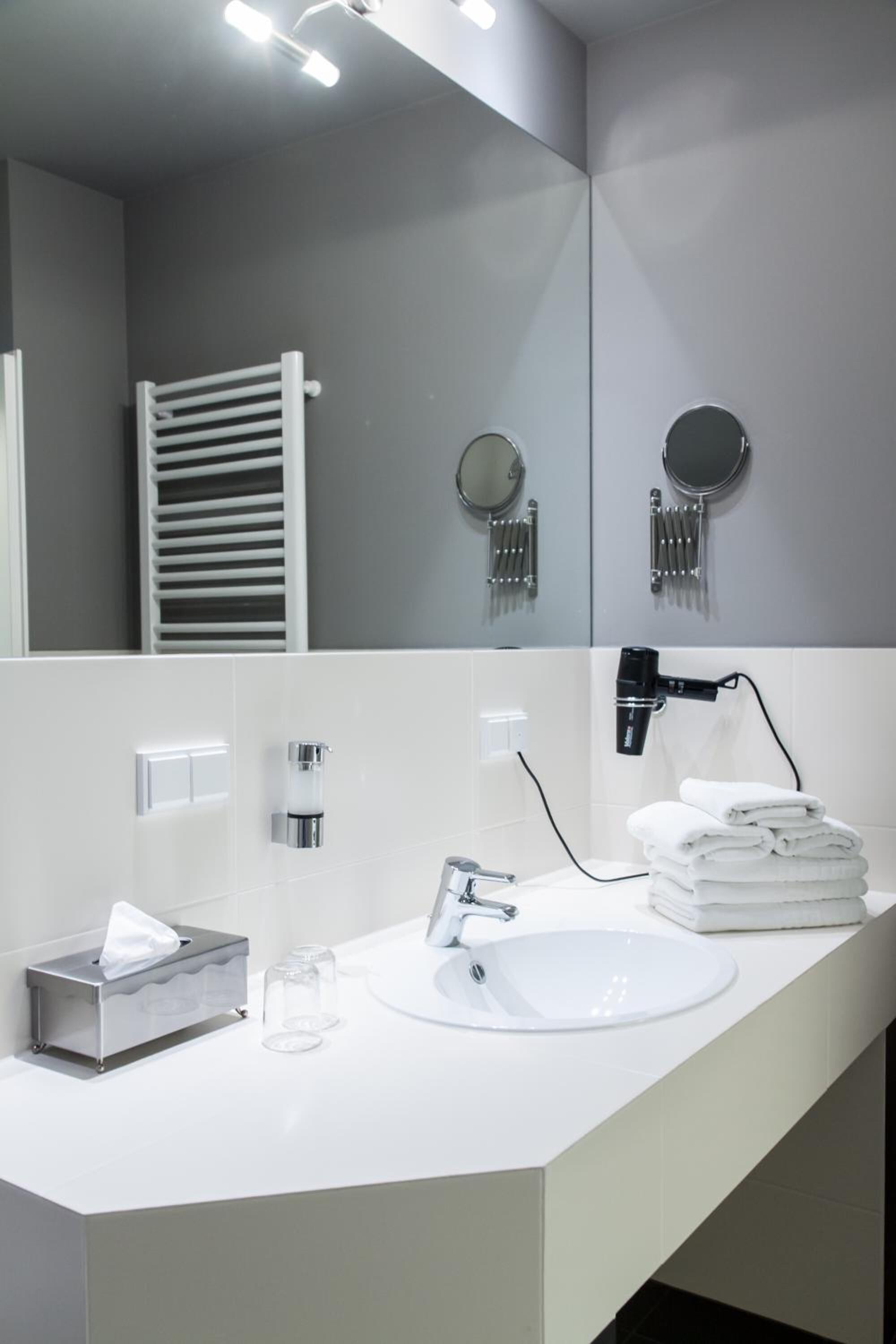 hair dryer, towels, soap, shampoo