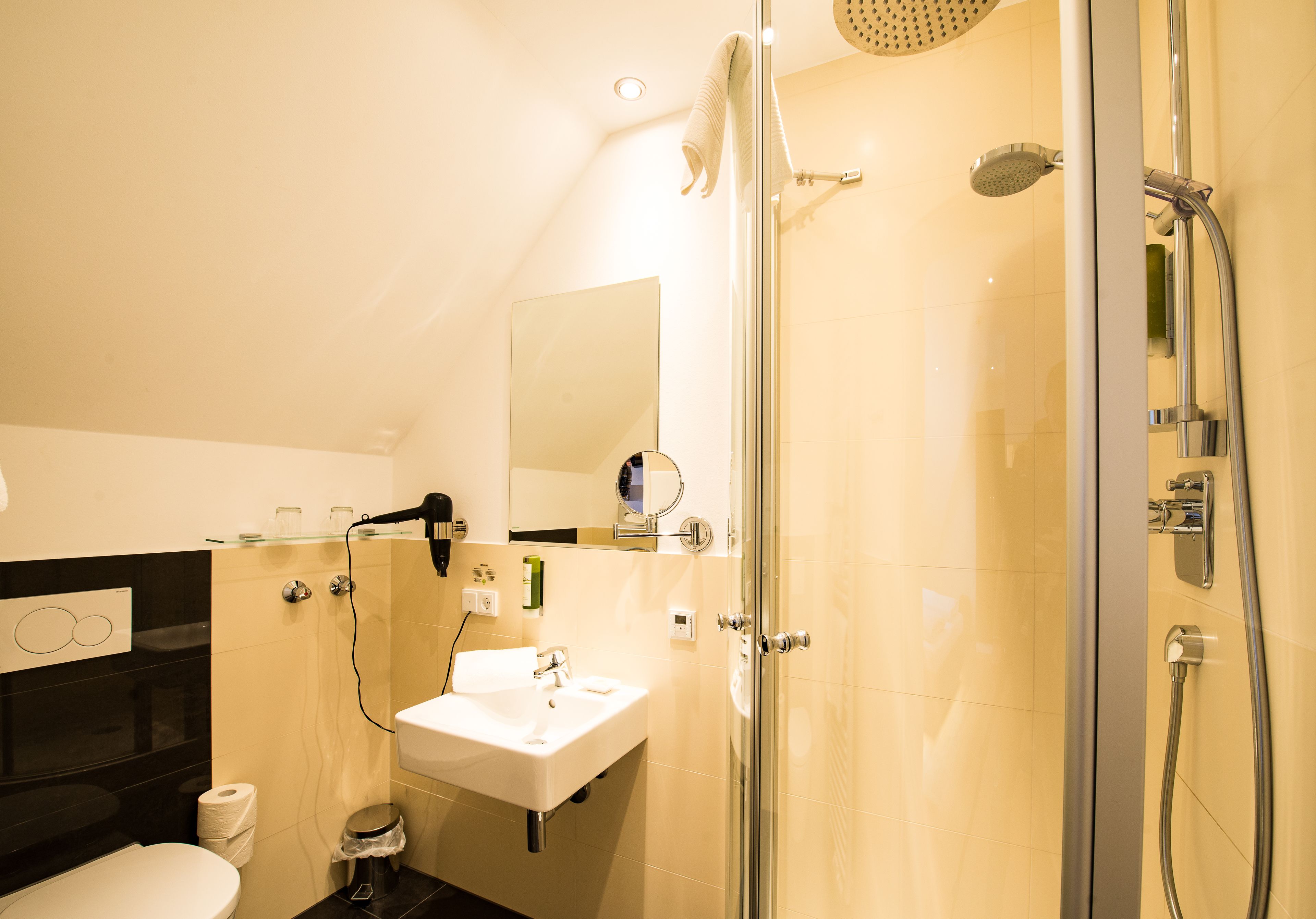 hair dryer, towels, soap, shampoo