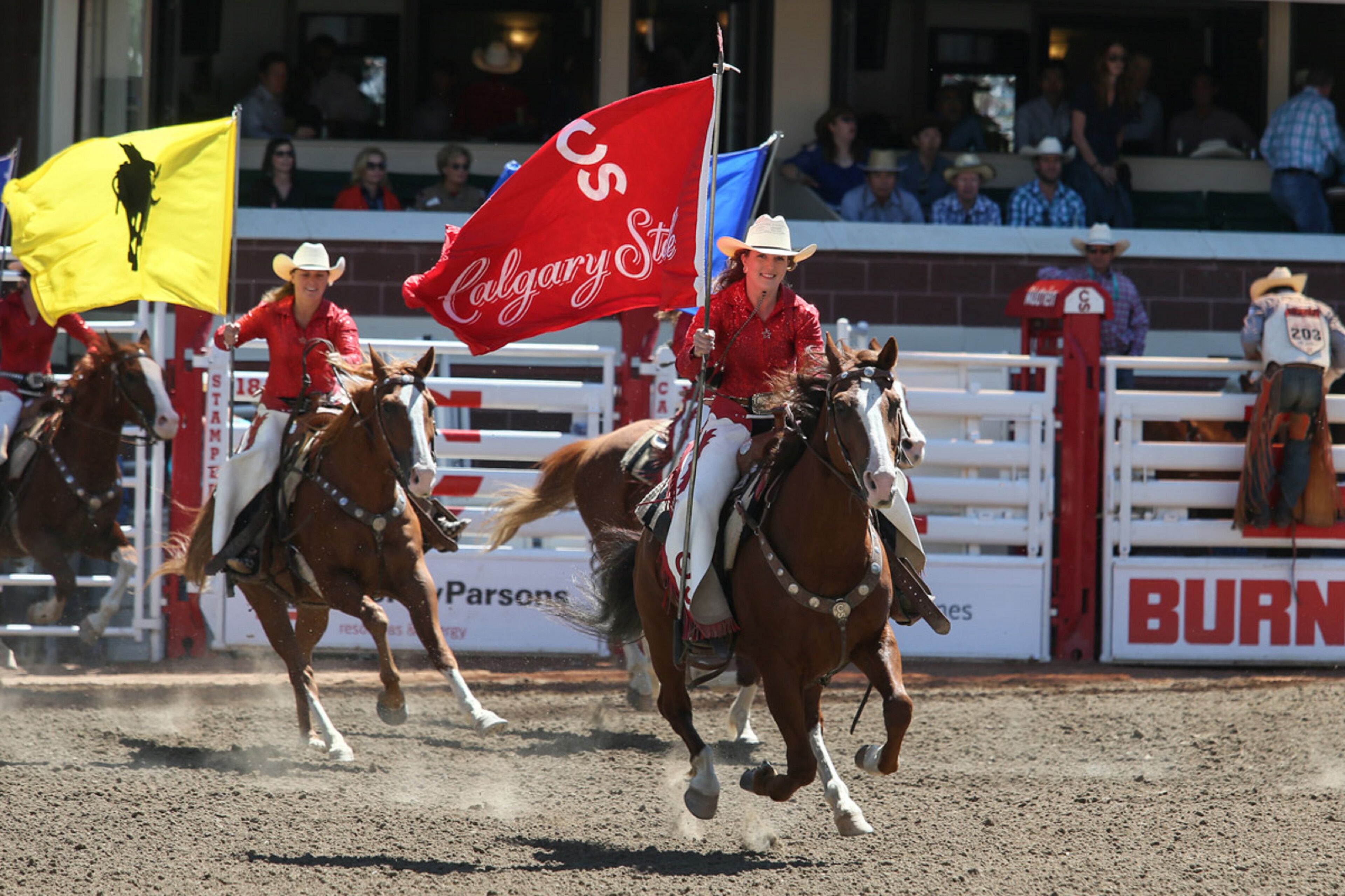 Evento de rodeo con participantes a caballo, banderas y un público en el fondo.