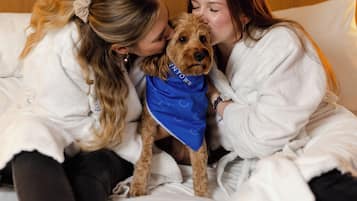 Deux personnes sont assises sur un lit, et un chien porte un bandana bleu.