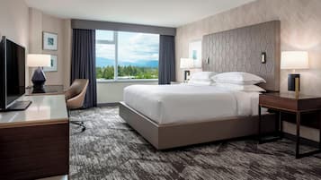 A hotel room with a large bed, a desk with a computer, a chair, and a TV.