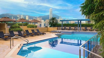 Outdoor pool, pool umbrellas, sun loungers