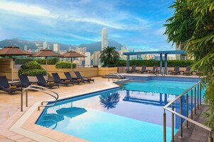 Outdoor pool, pool umbrellas, sun loungers