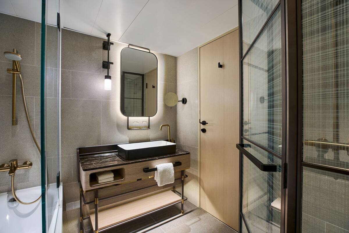 combined shower/bathtub, free toiletries, hair dryer, bathrobes