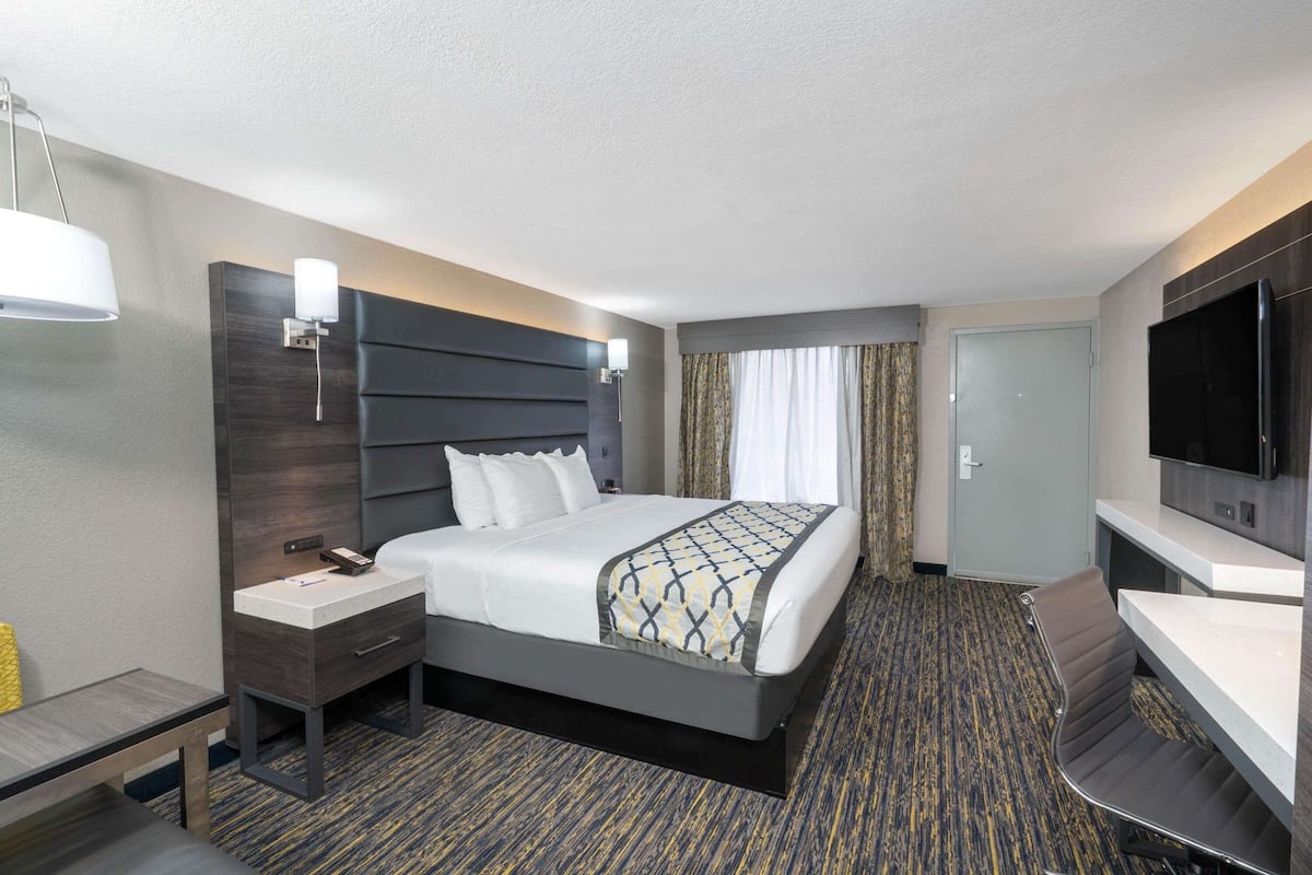 Una habitación de hotel con cama, mesita de noche, lámpara, televisor y escritorio con silla.