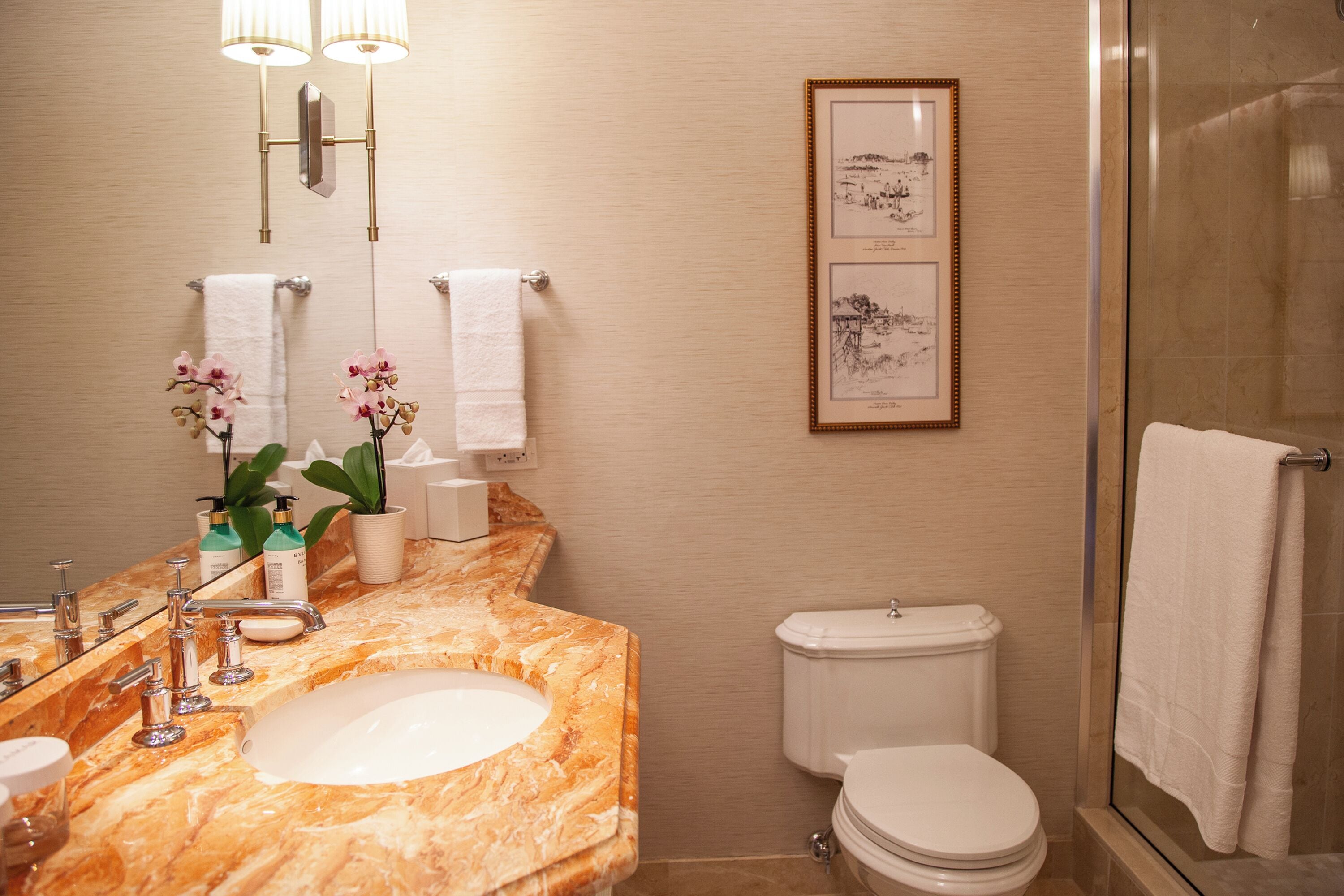 A bathroom with a marble sink, two wall-mounted lights, a framed picture, a toilet, and a glass shower enclosure.