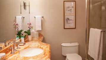 A bathroom with a marble sink, two wall-mounted lights, a framed picture, a toilet, and a glass shower enclosure.