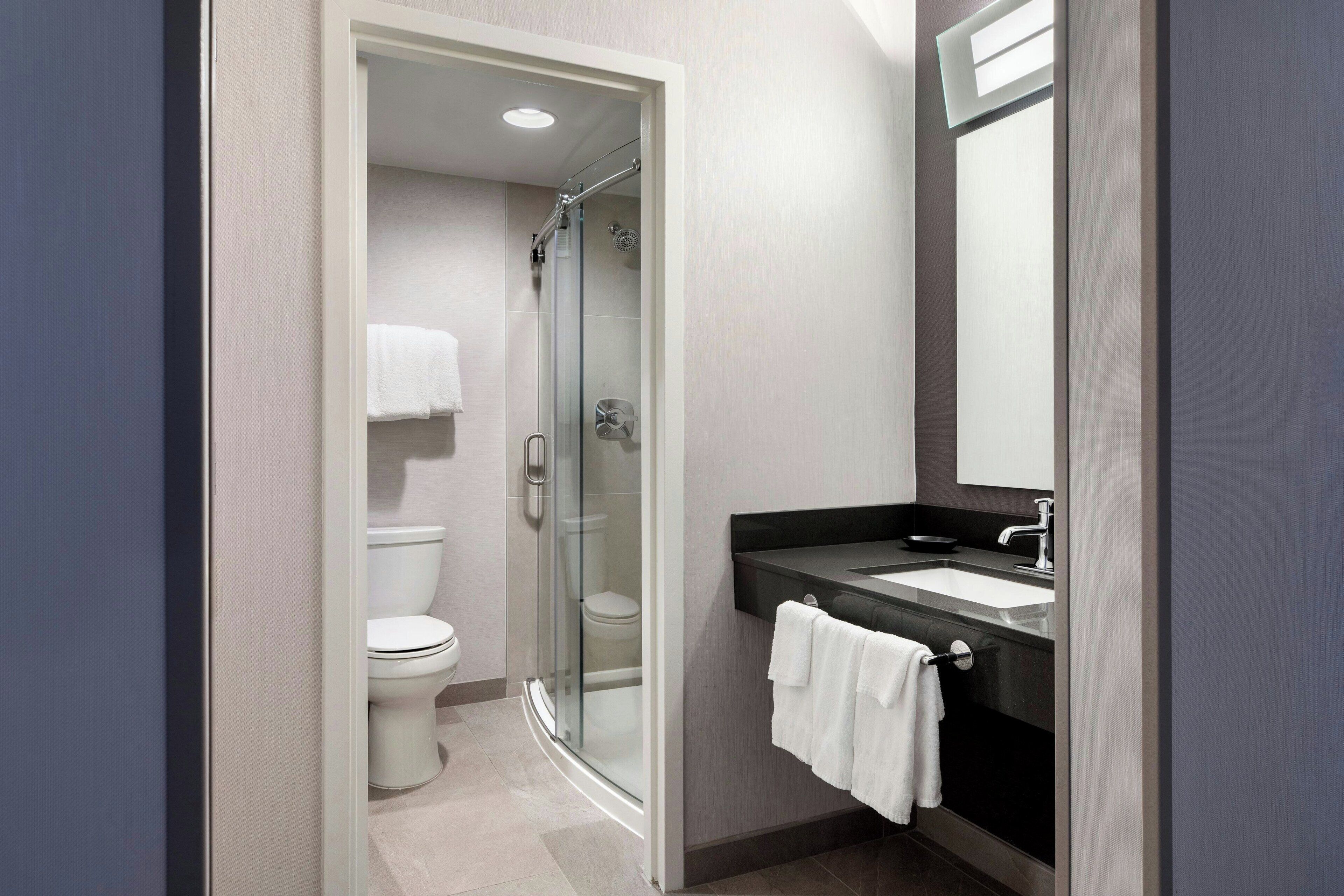 A modern bathroom with a glass shower enclosure, a white toilet, and a black countertop with a sink and mirror.