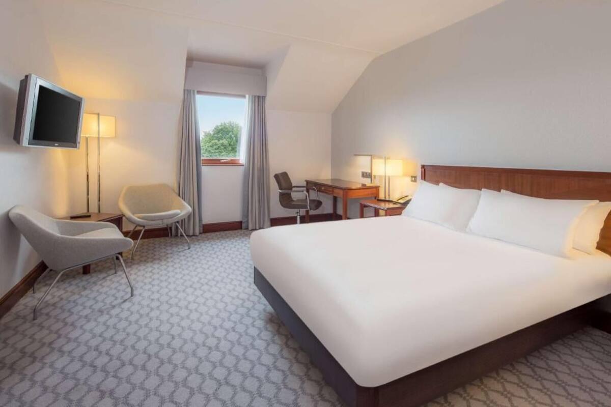 A hotel room with a large bed, a desk, a chair, a television, and a window.