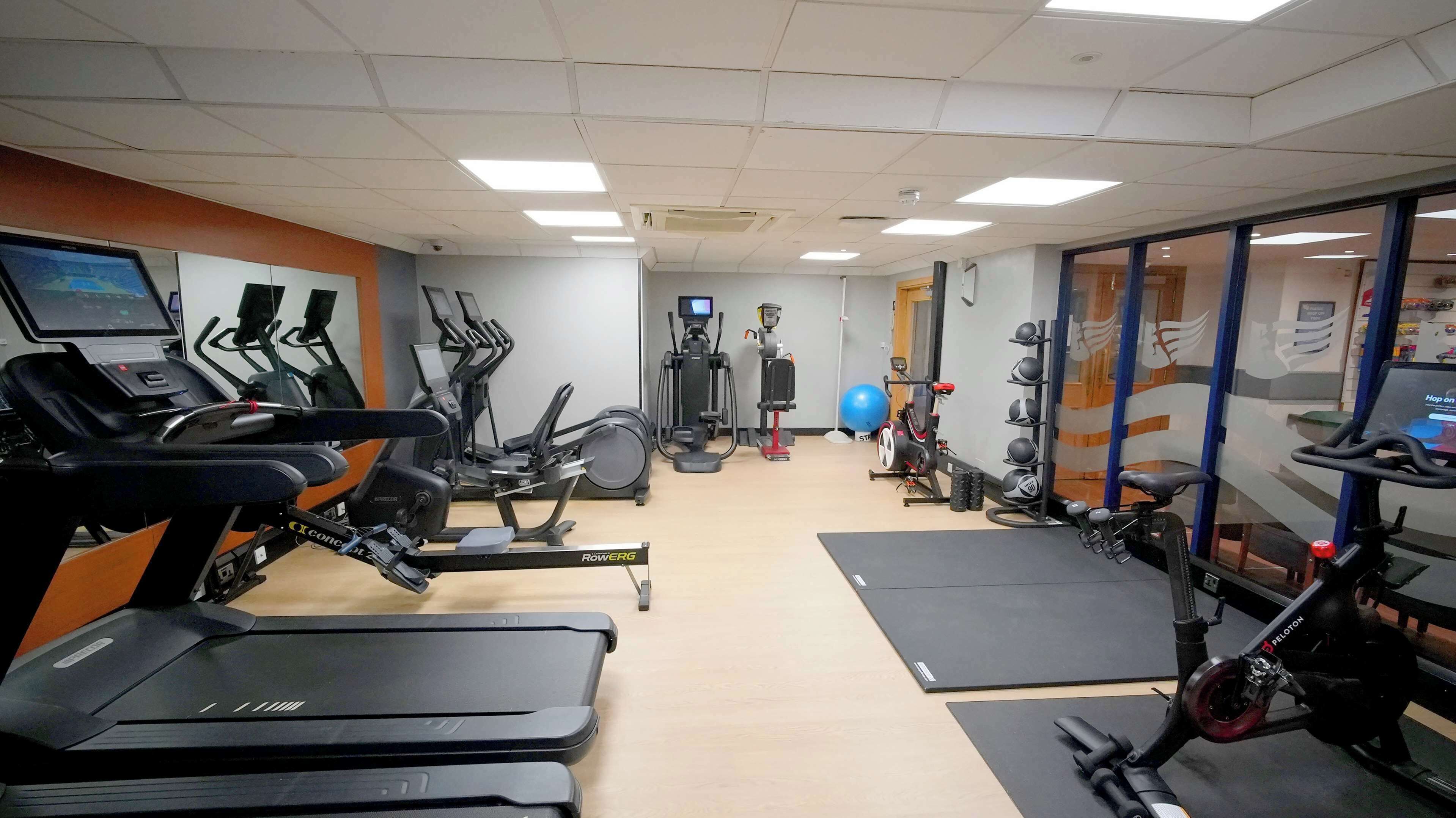 A gym with treadmills, elliptical machines, and free weights.