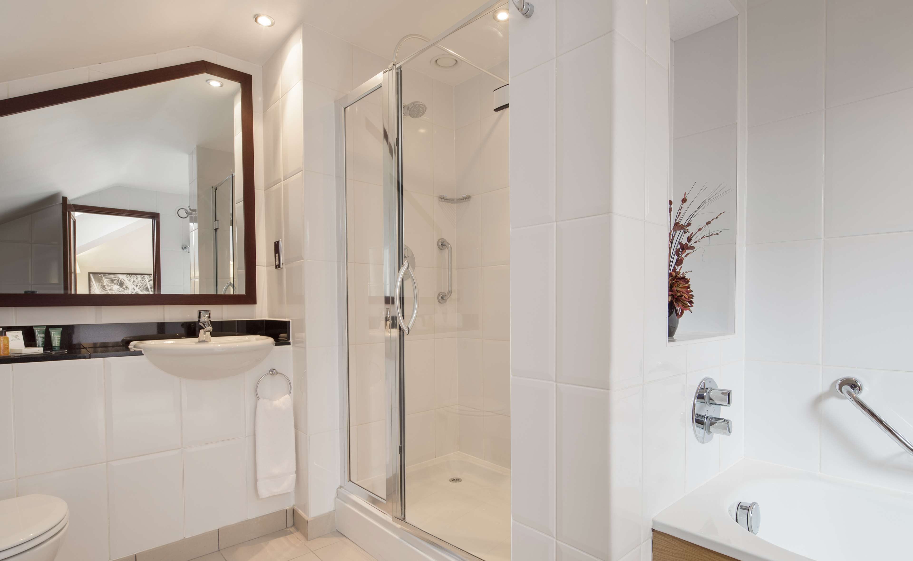 deluxe room, 1 king bed | bathroom | combined shower/bathtub, hair dryer, towels