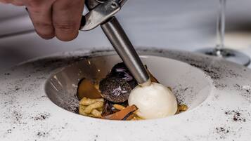 A person using a tool to prepare a dish on a white plate.