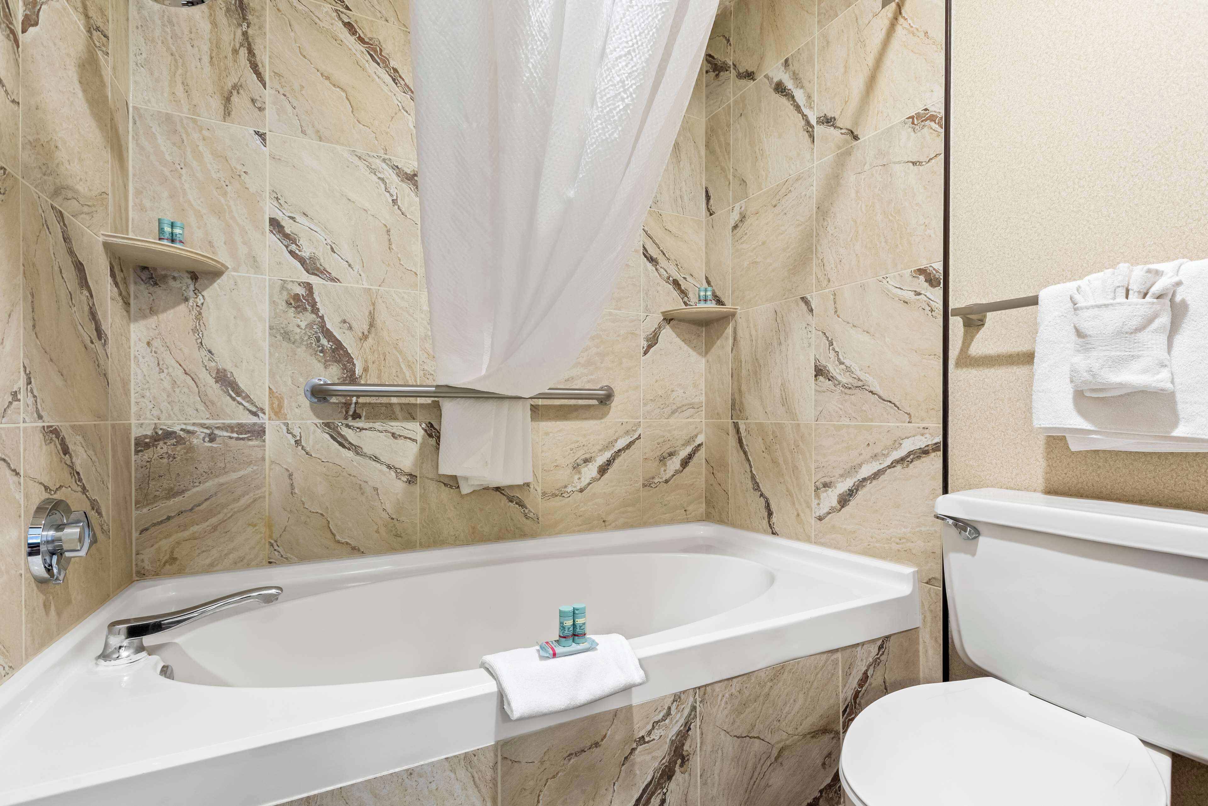 A bathroom with a bathtub, a toilet, and marble walls.