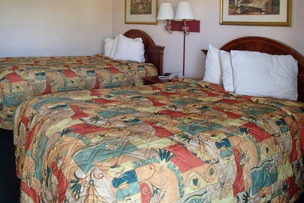 Une chambre d’hôtel avec deux lits, chacun recouvert d’une couvre-lit à motifs floraux, une table de chevet avec une lampe et deux tableaux encadrés au mur.
