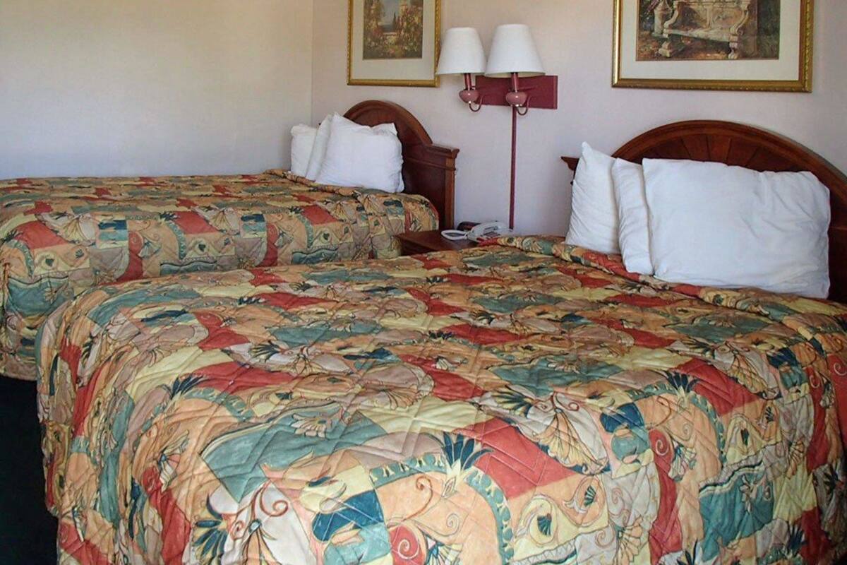 Une chambre d’hôtel avec deux lits, chacun recouvert d’une couvre-lit à motifs floraux, une table de chevet avec une lampe, et deux tableaux encadrés accrochés au mur.