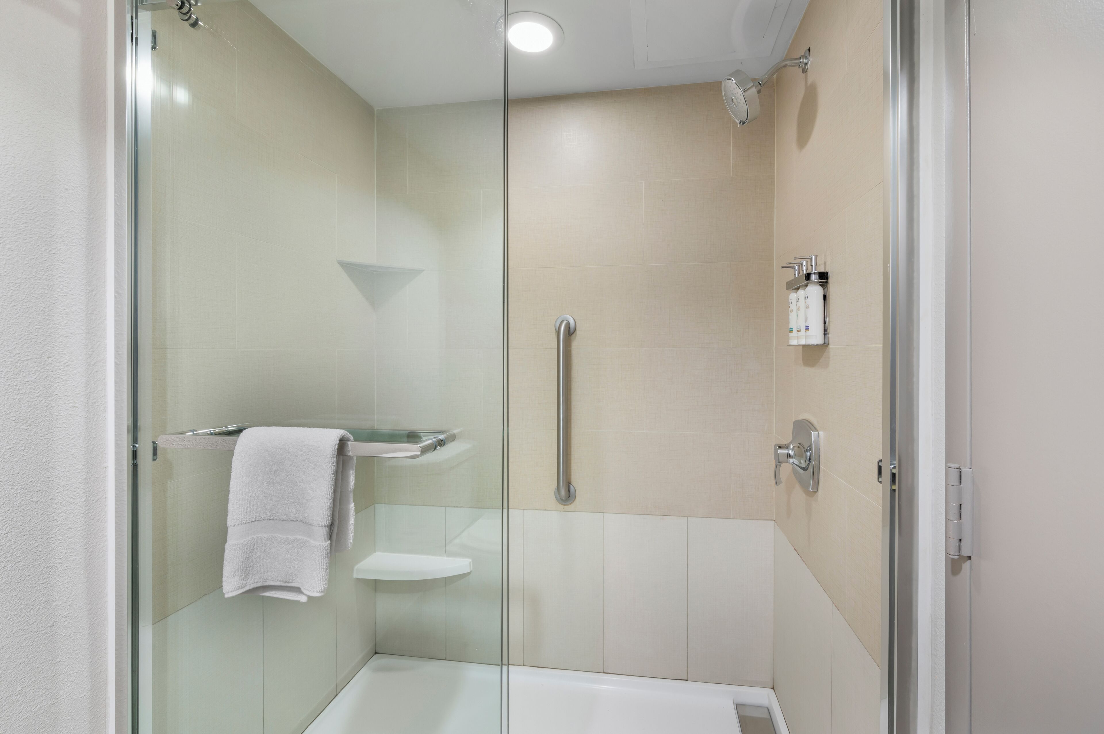 A modern bathroom with a glass shower enclosure, a white sink, and a handrail.