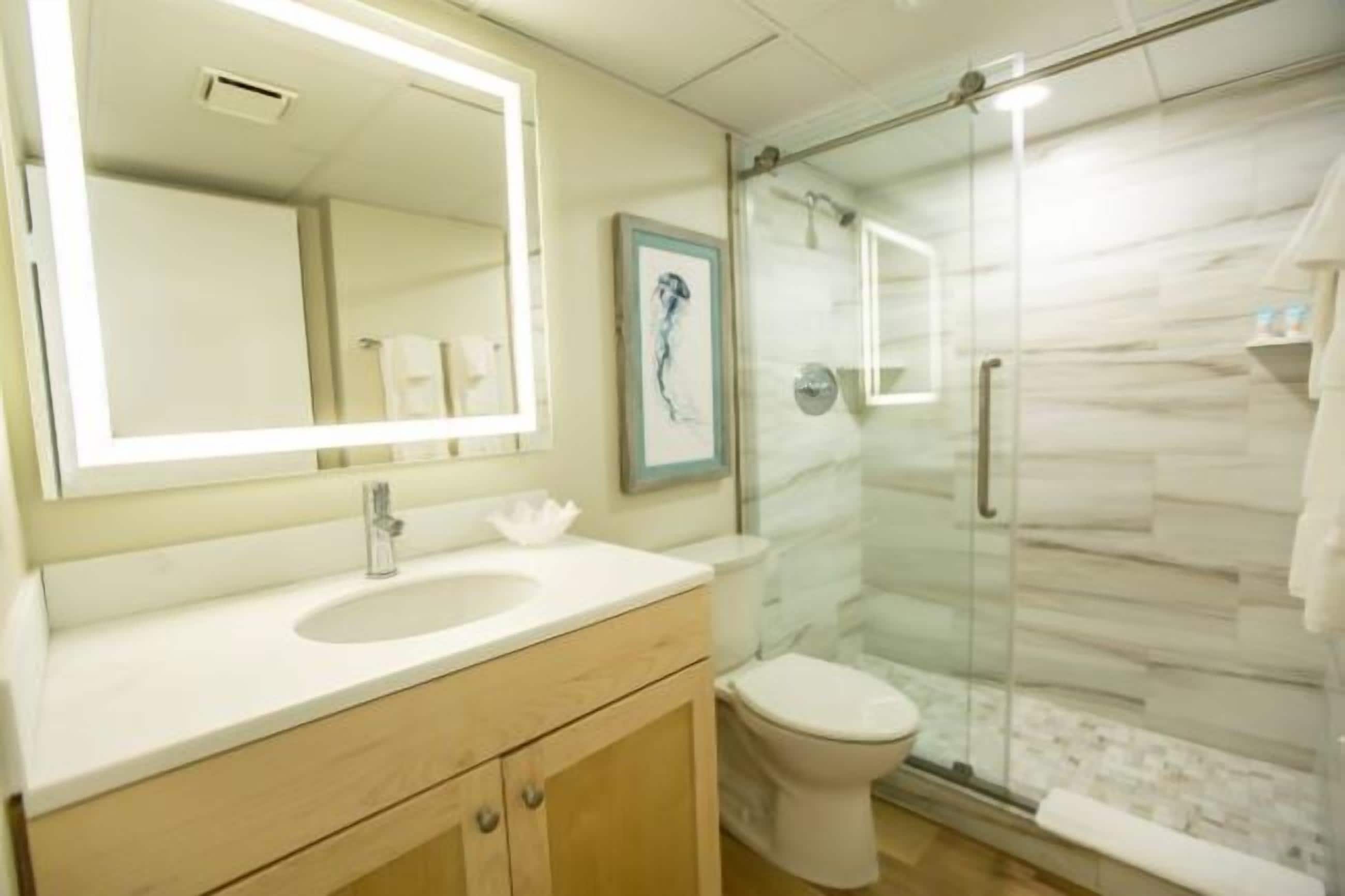 A bathroom with a glass shower enclosure, a white sink, and a large mirror.