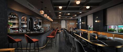 A bar area with a long counter, multiple bar stools, and a brick wall in the background.
