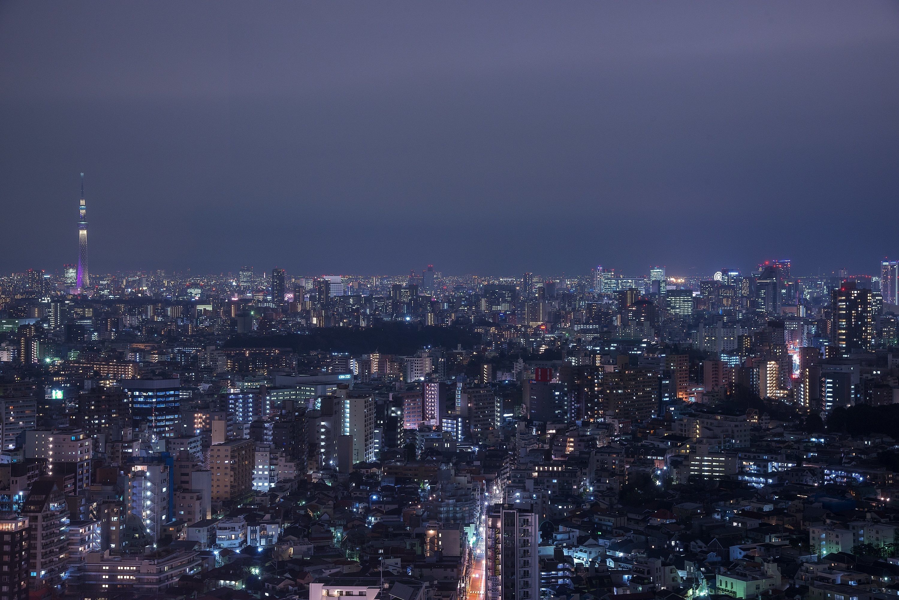 A nighttime cityscape with a prominent tower and dense urban buildings.