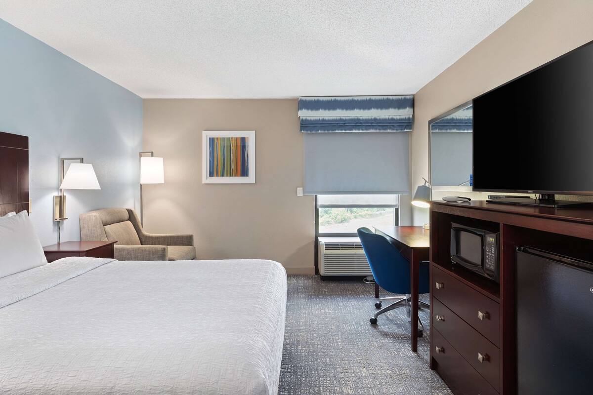 A hotel room with a bed, desk, television, and a window with a view.