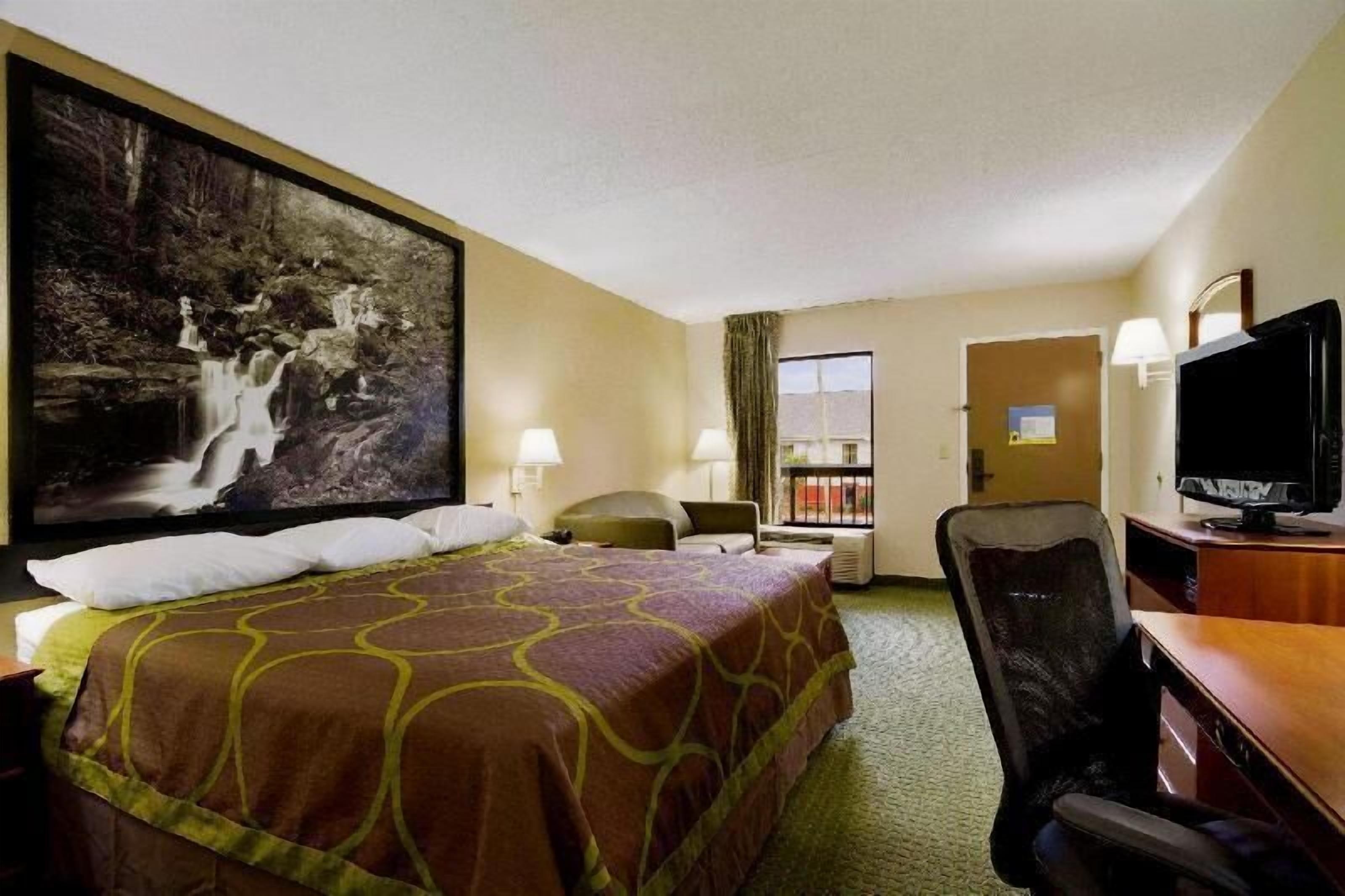 Desk, laptop workspace, blackout curtains, iron/ironing board