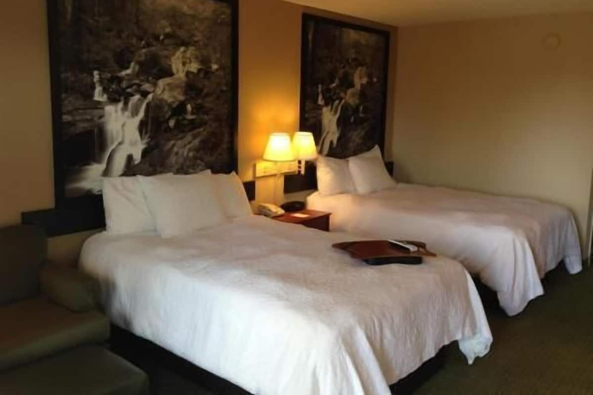 Desk, laptop workspace, blackout curtains, iron/ironing board