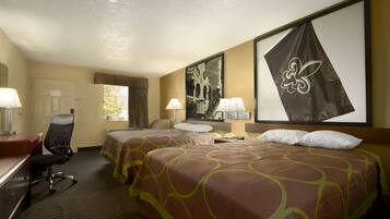 Desk, laptop workspace, blackout drapes, iron/ironing board