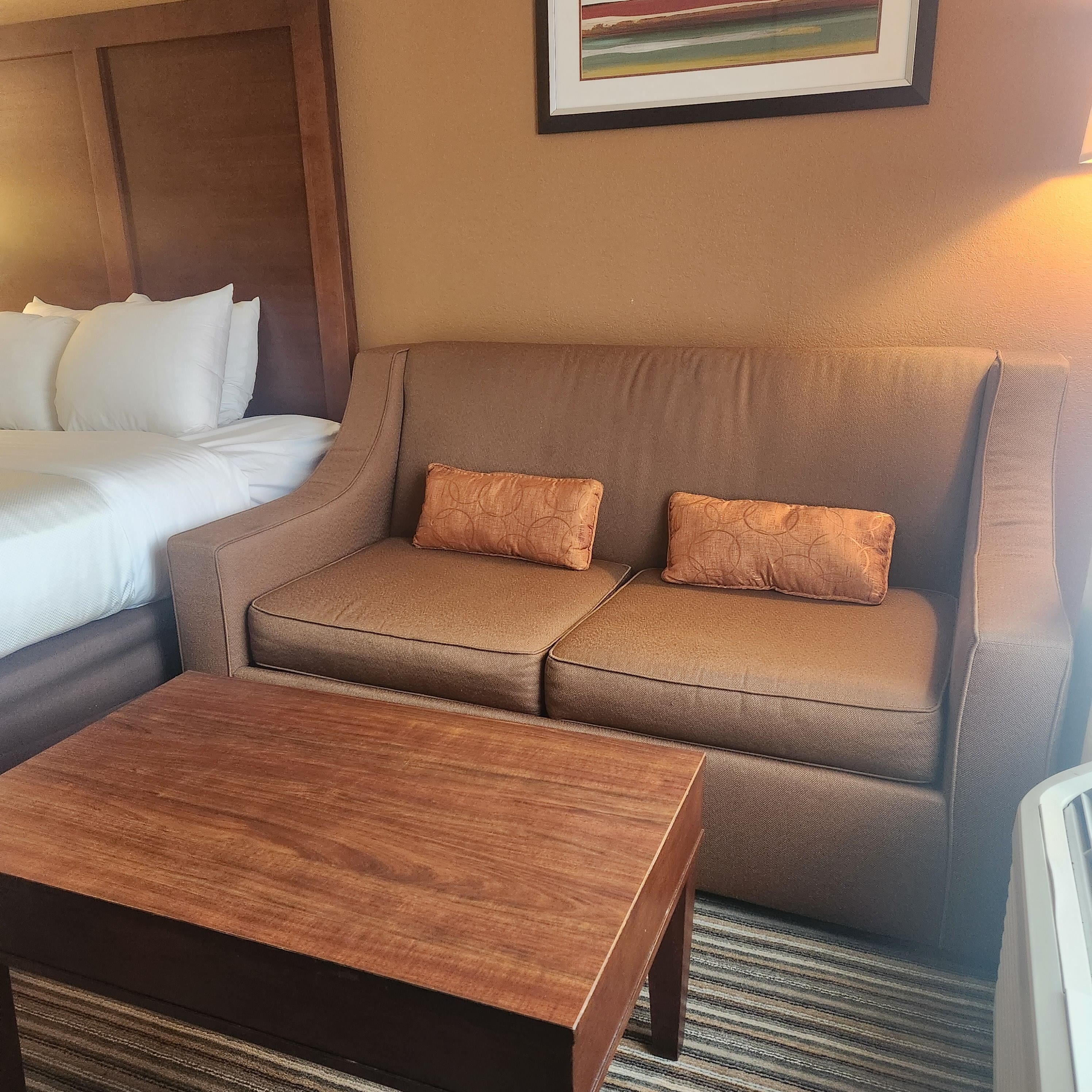 Habitación de hotel con sofá cama, una mesita de madera y un cuadro en la pared.