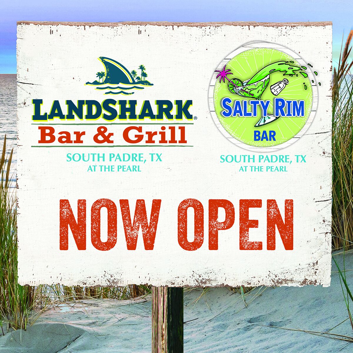 A sign for LANDSHARK Bar & Grill and SALTY RIM BAR in South Padre, TX, both located at The Pearl, with the text "NOW OPEN".