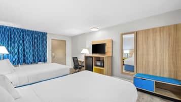 Premium bedding, down comforters, desk, blackout drapes