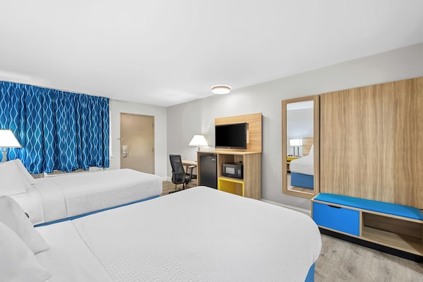 Premium bedding, down comforters, desk, blackout drapes