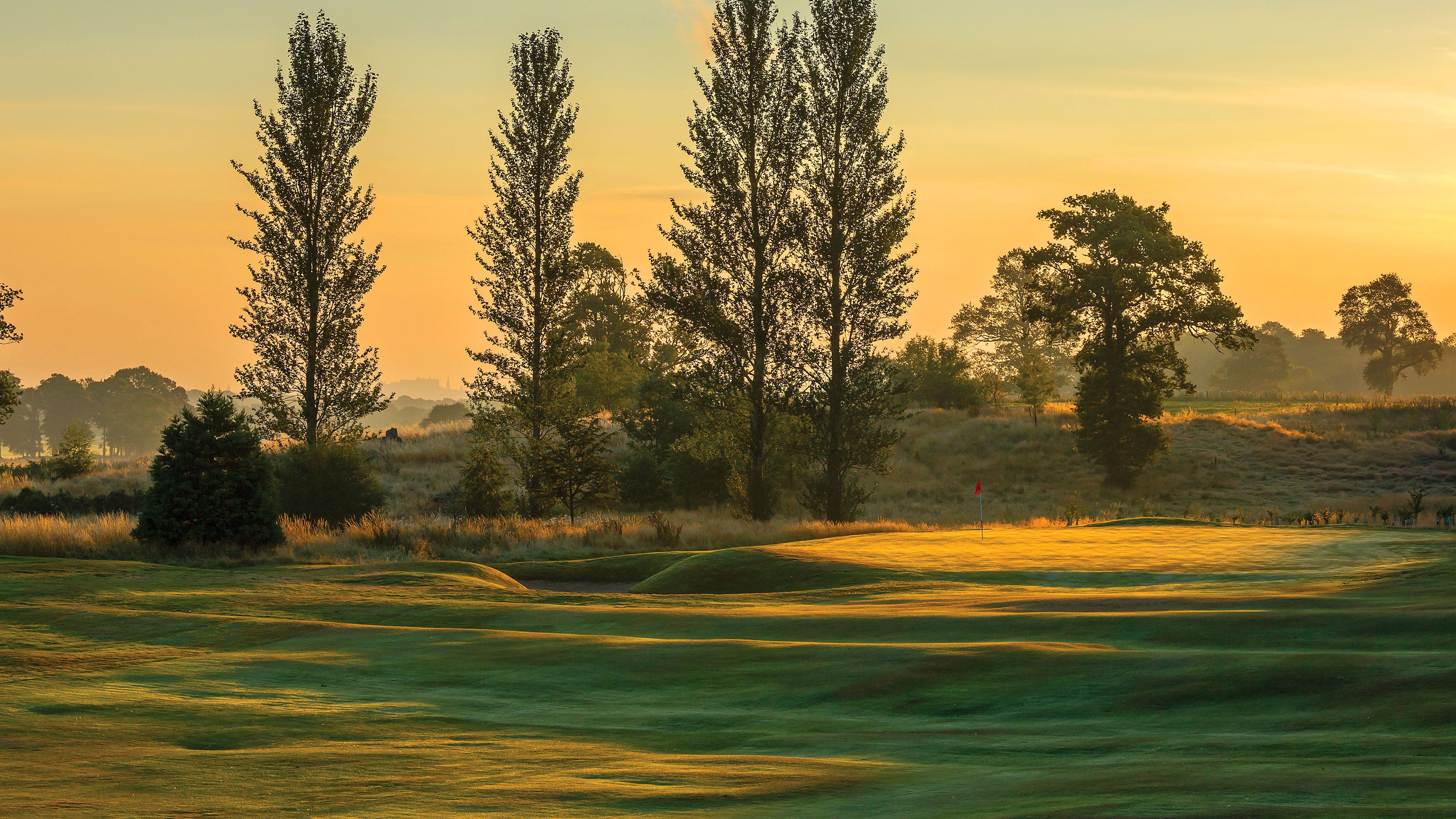 A golf course with a flagstick, trees, and a sunset.