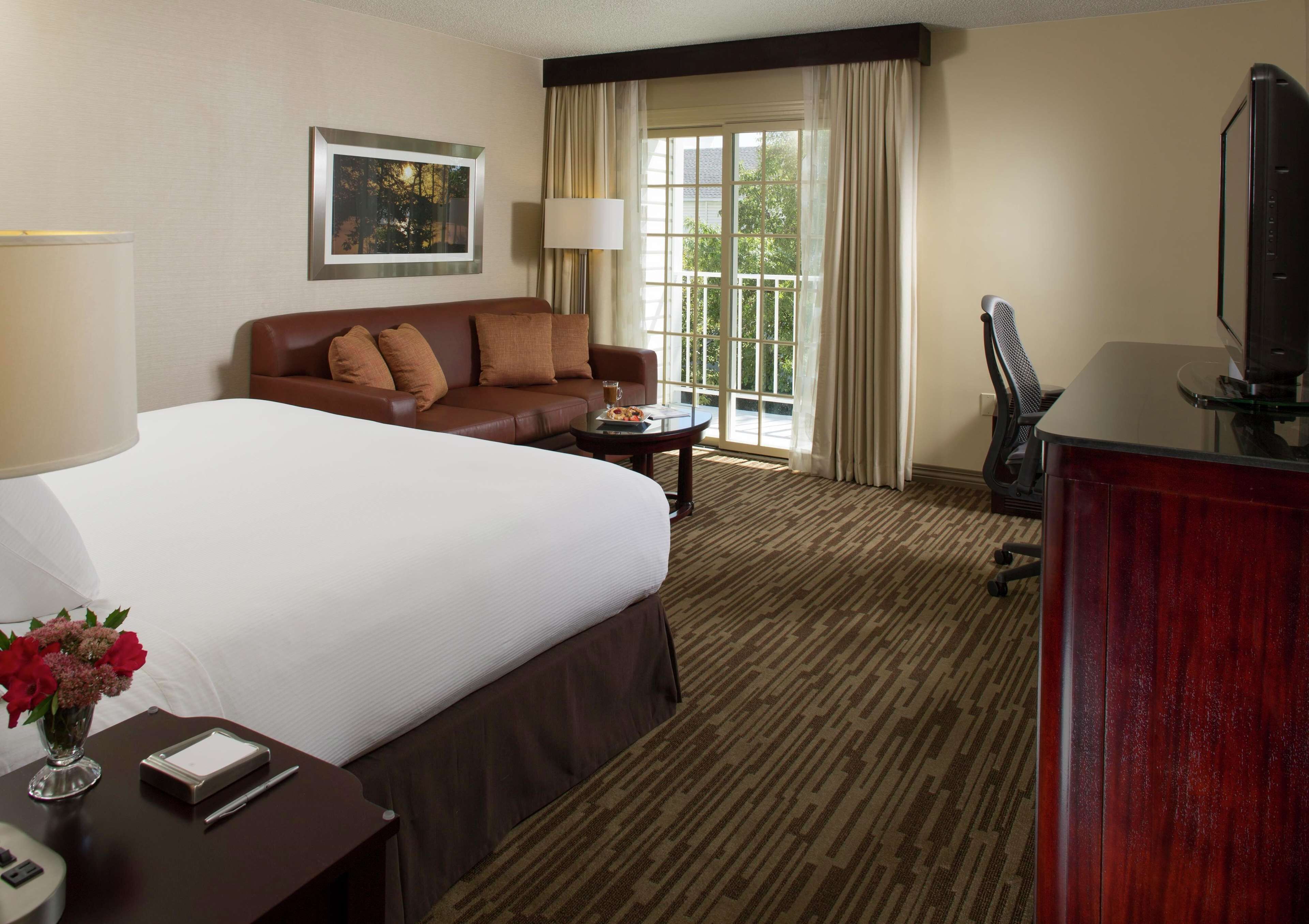 A hotel room with a large bed, a brown sofa, a small table with a lamp, a television, and a window with curtains.