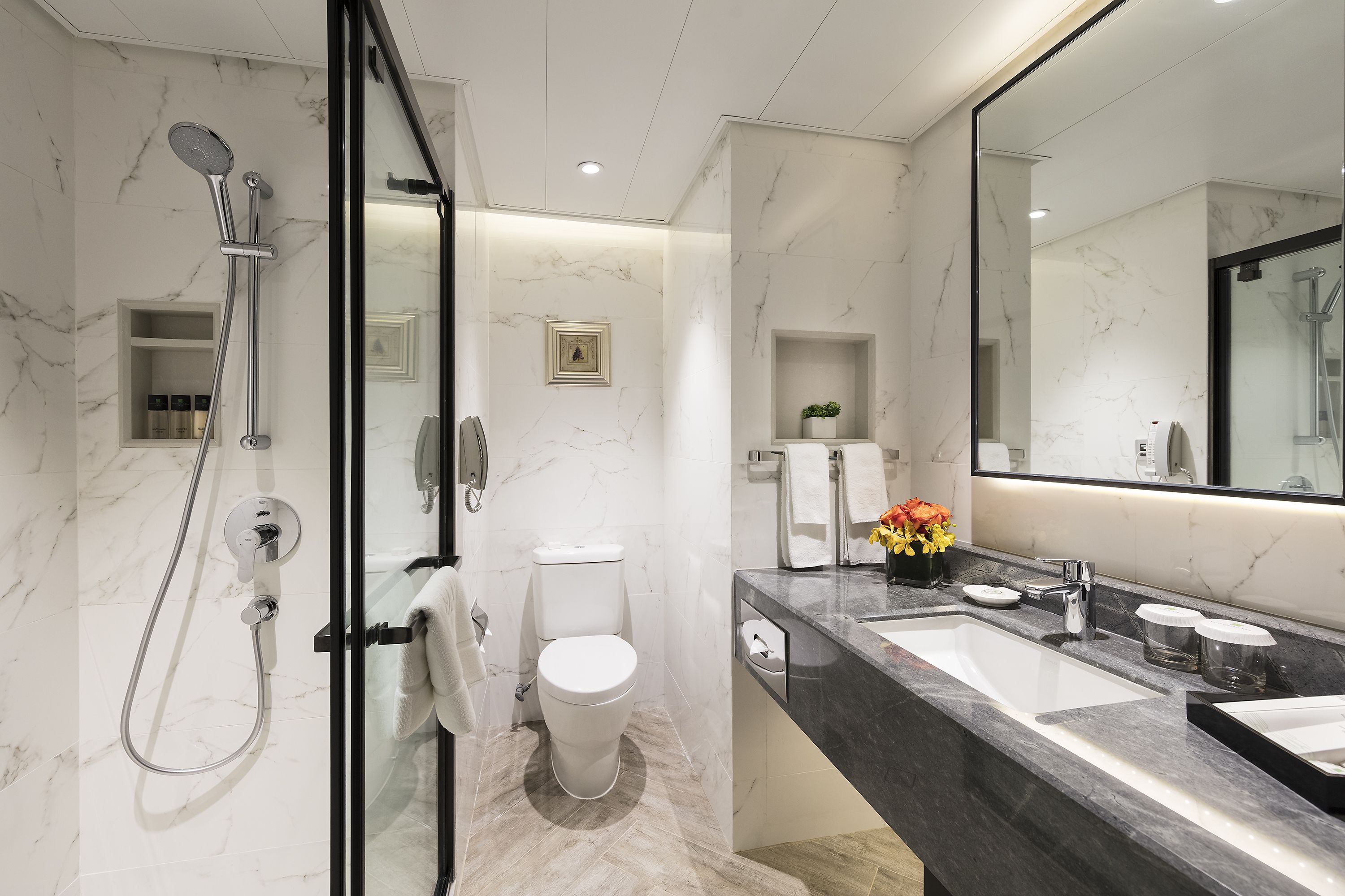 shower, free toiletries, hair dryer, bathrobes