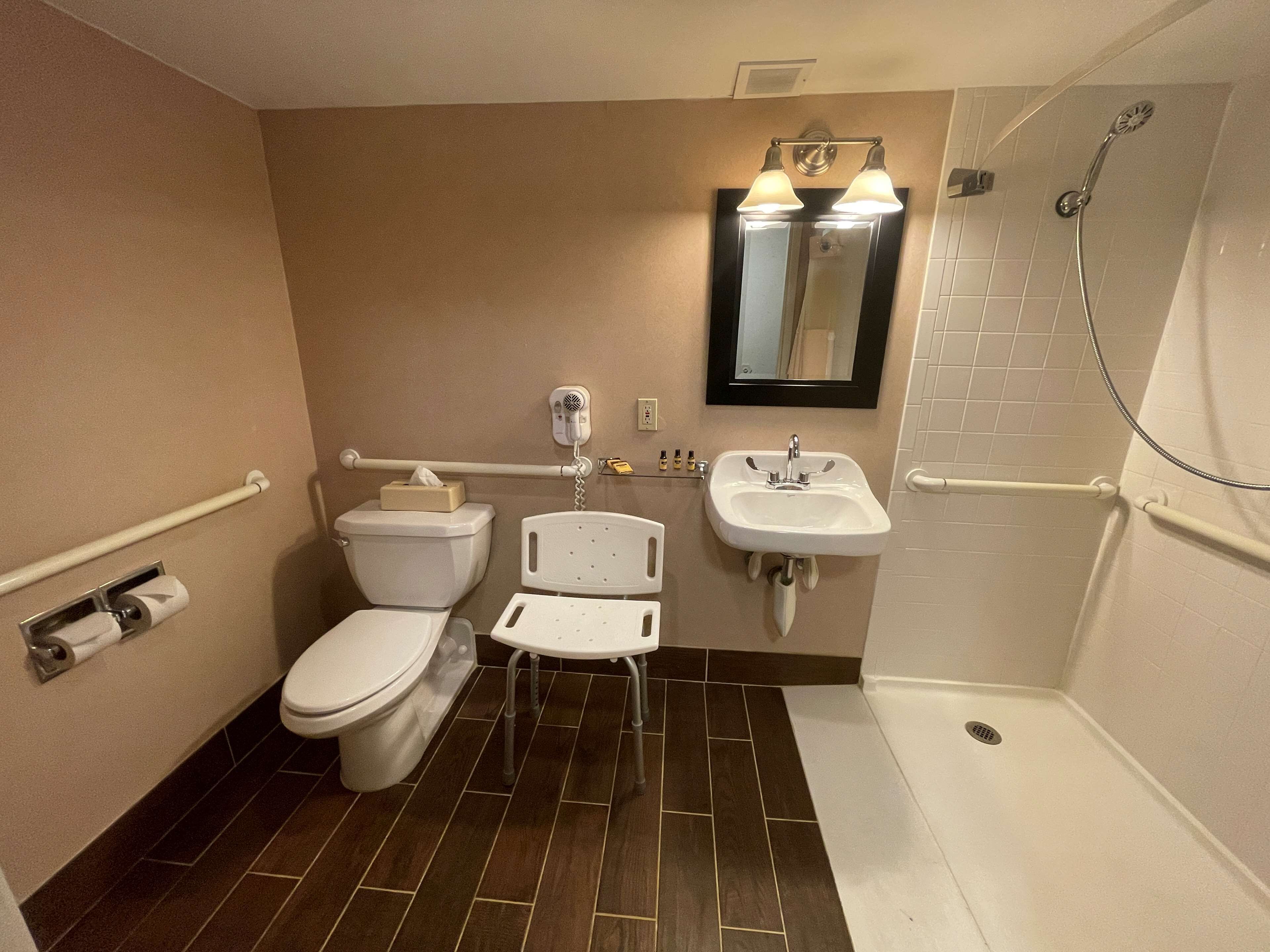 A bathroom with a toilet, sink, and shower.