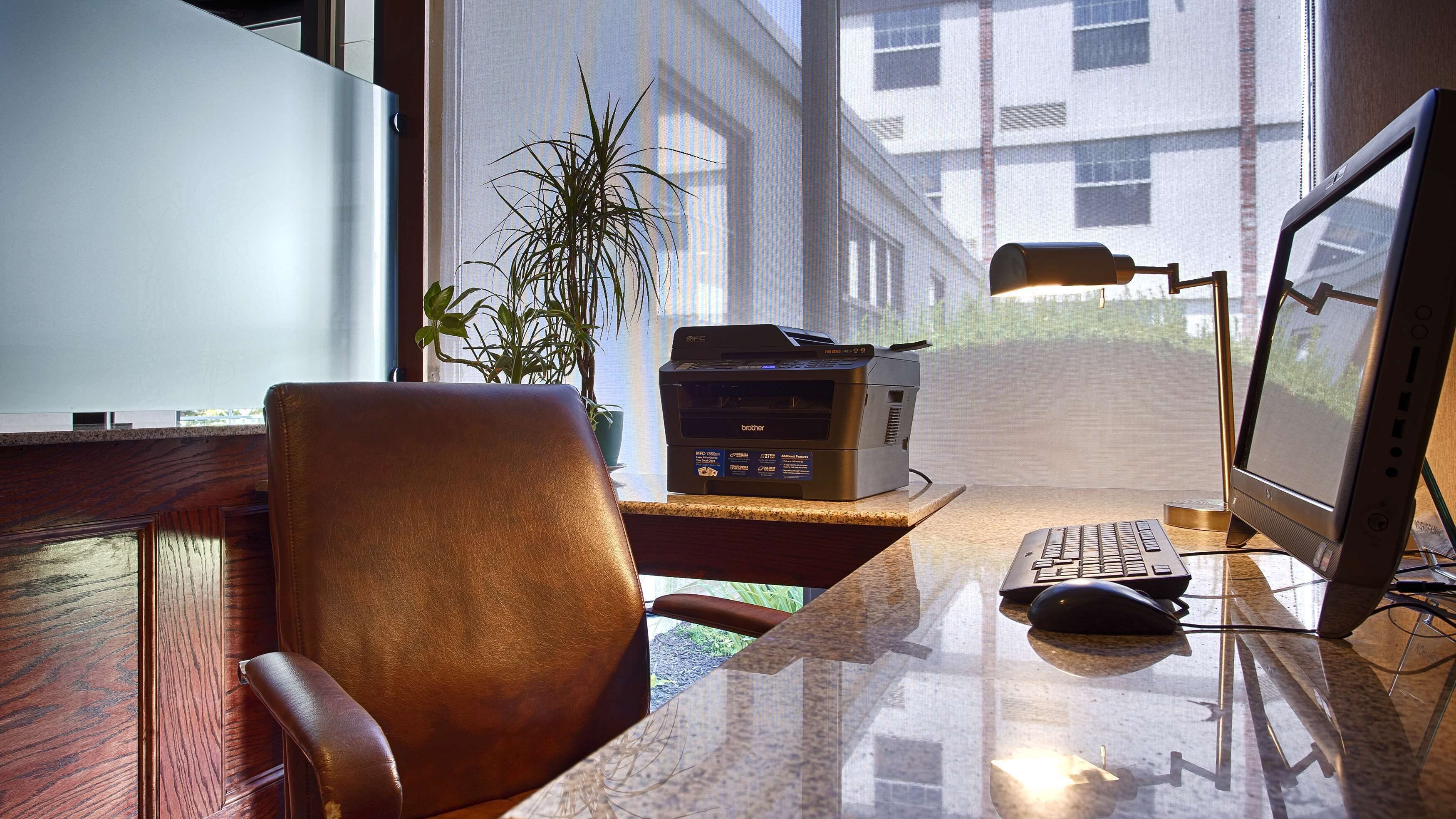 A home office with a desk, chair, computer, printer, and a potted plant.