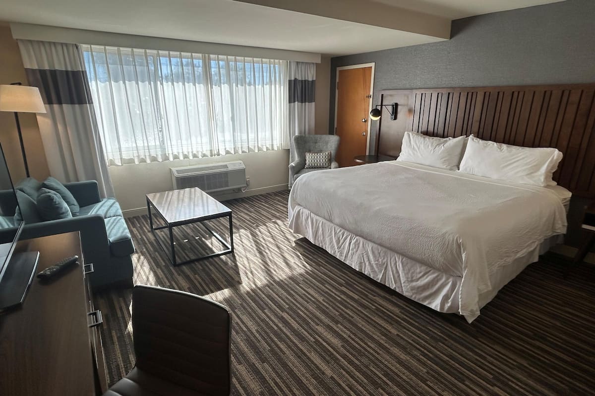 A hotel room with a bed, a desk, a chair, and a sofa.