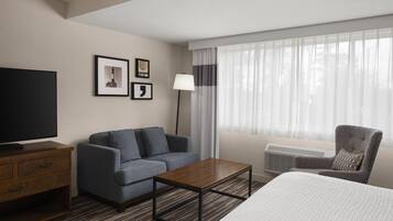 A hotel room with a bed, a sofa, a television, a desk, and a chair.