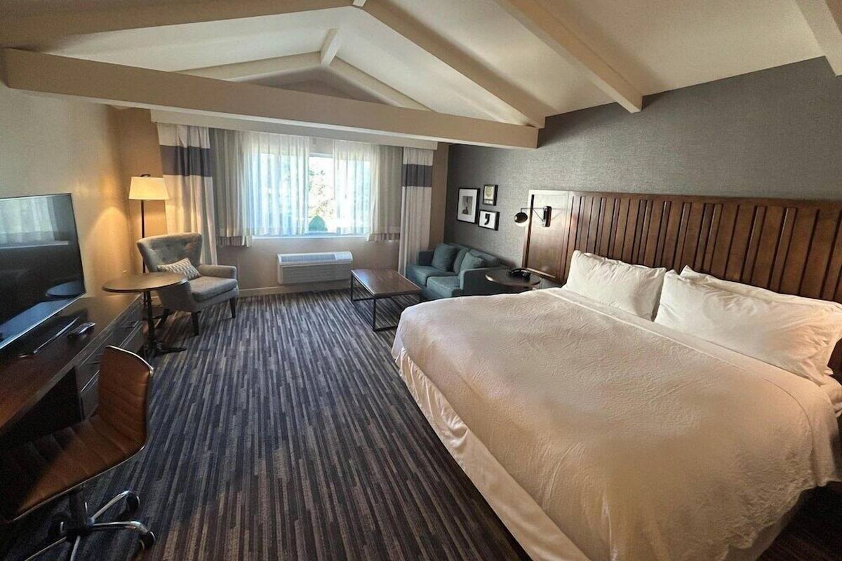 A hotel room with a large bed, a desk with a TV, a chair, a sofa, and a window with curtains.