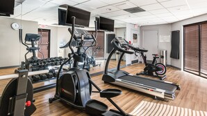 A gym with treadmills, elliptical machines, and free weights.