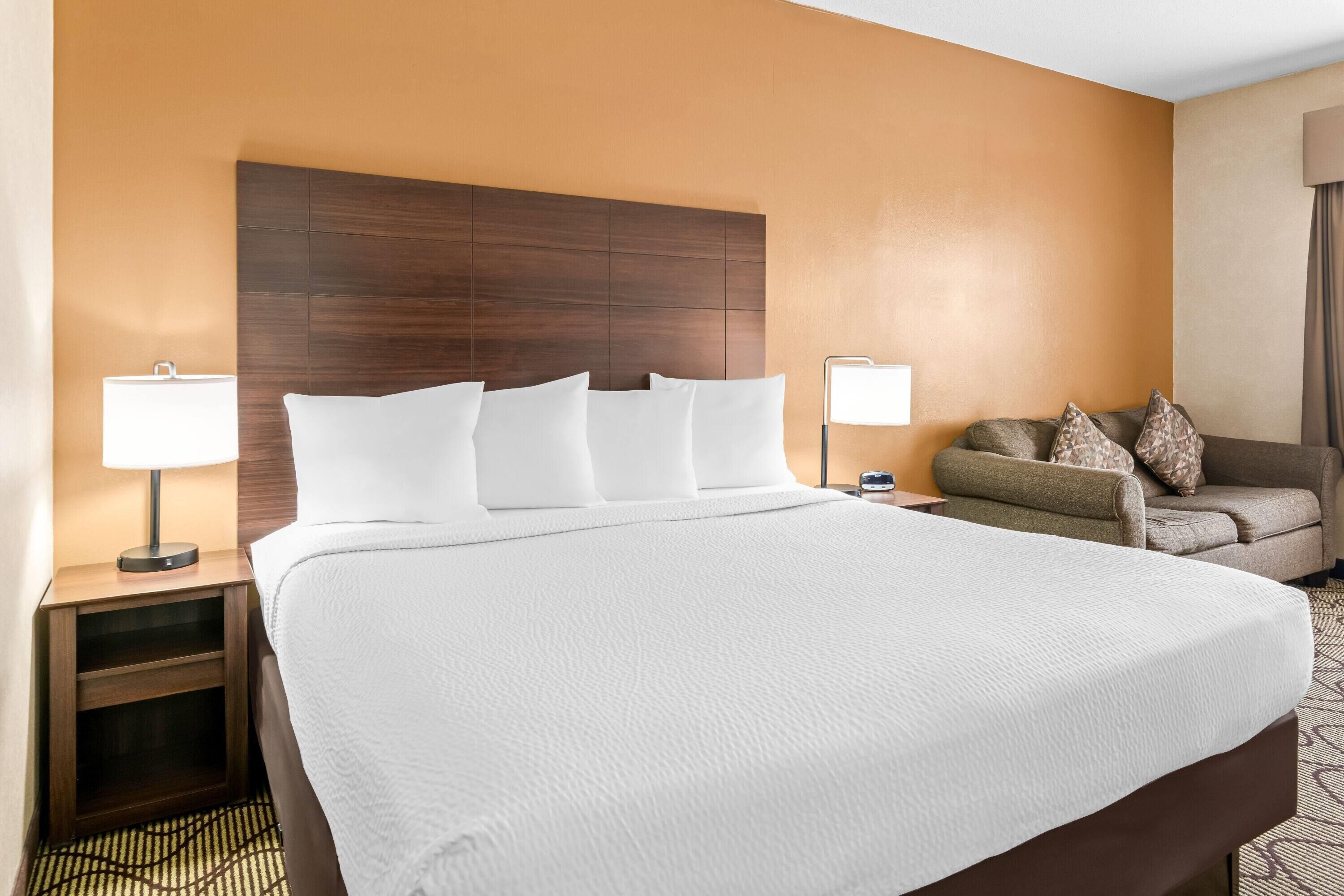 A hotel room with a large bed, a nightstand with a lamp, a sofa, and a headboard.