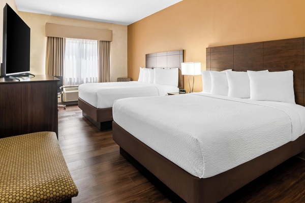 Standard Room, 2 Queen Beds | Desk, laptop workspace, blackout drapes, iron/ironing board