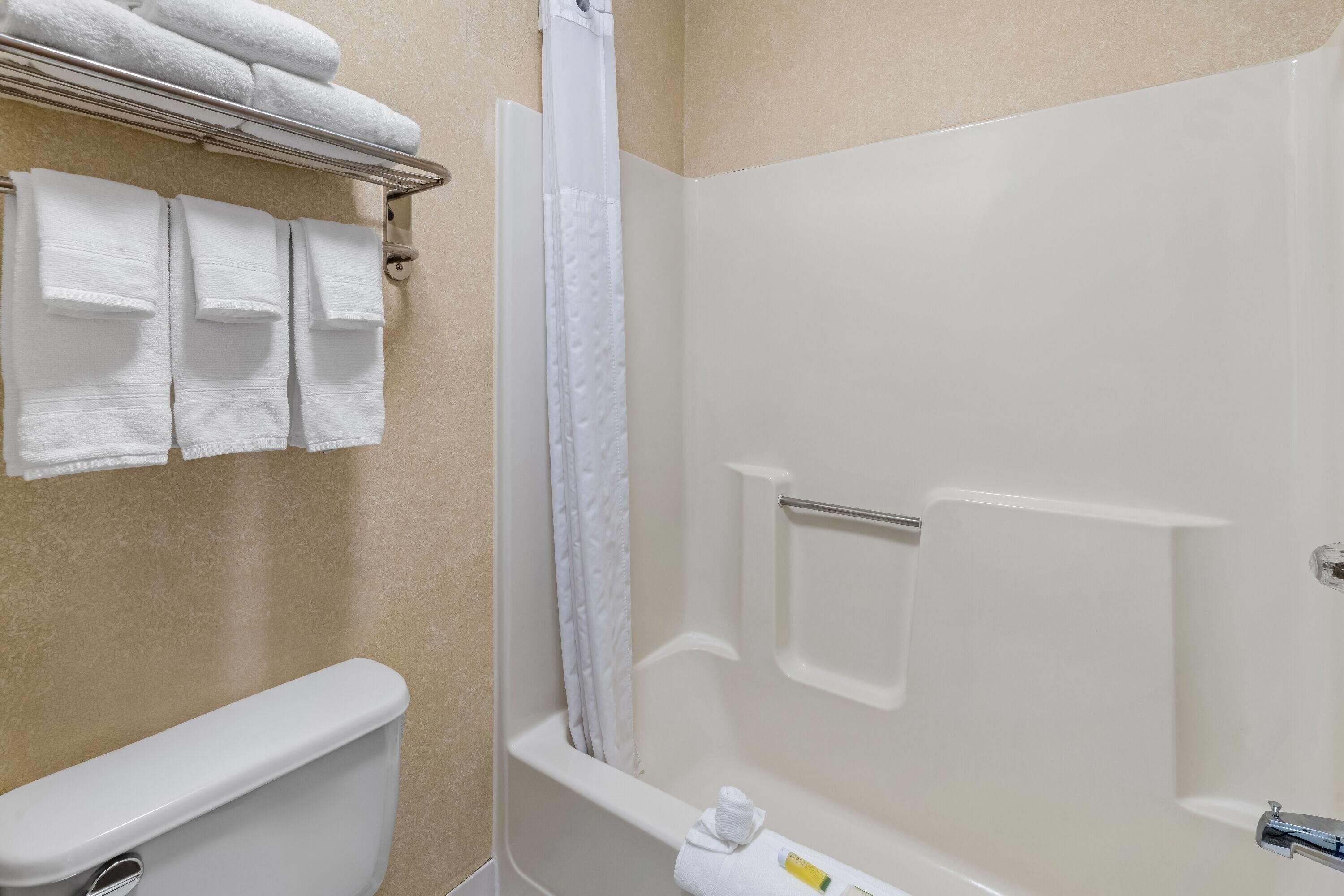 Een badkamer met toilet, douche met glazen deur en een handdoekrek met opgevouwen handdoeken.