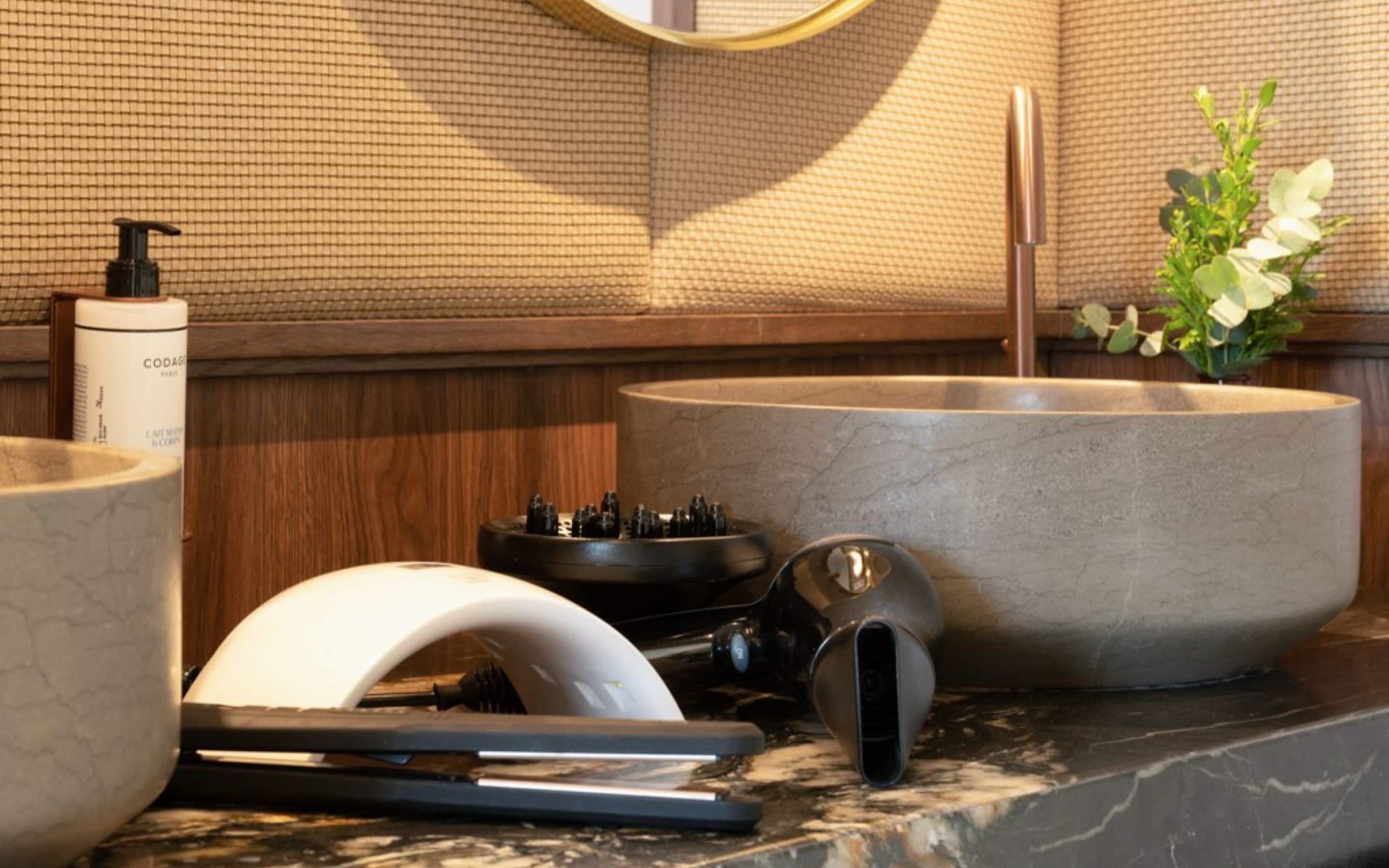 shower, rainfall showerhead, designer toiletries, hair dryer