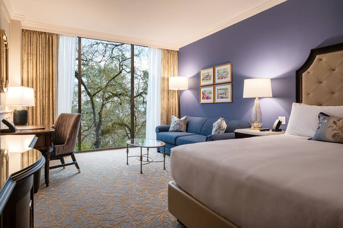 Une chambre d’hôtel avec un grand lit, un canapé, un bureau avec une chaise, une petite table et une vue sur les arbres à travers de grandes fenêtres.