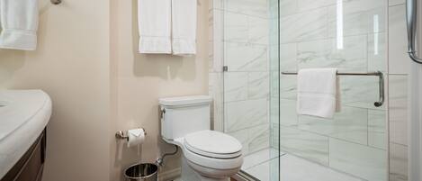 A modern bathroom with a toilet, bidet, and glass shower enclosure.