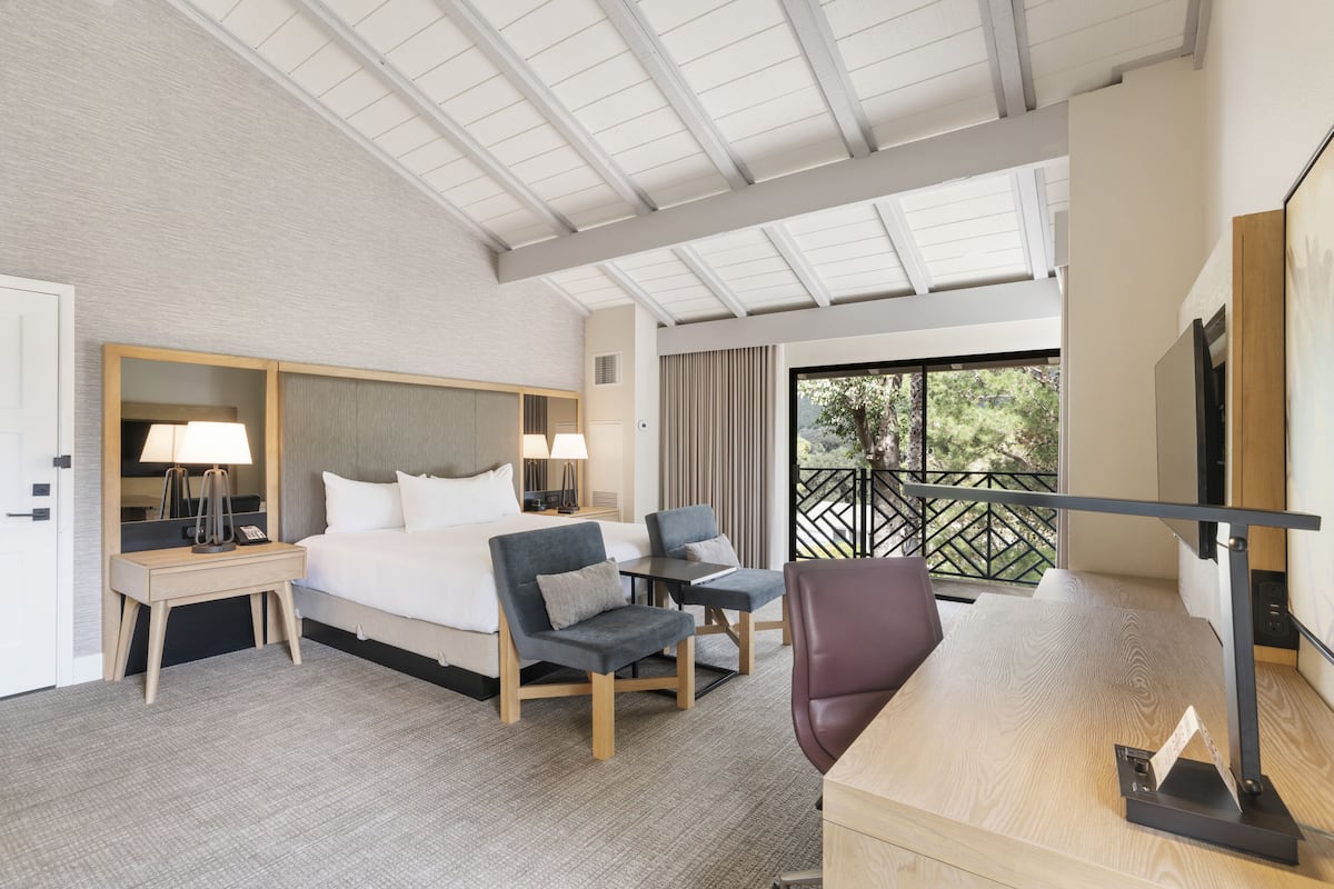 Habitación de hotel con cama, dos sillas, escritorio, televisor y balcón con vista a árboles.