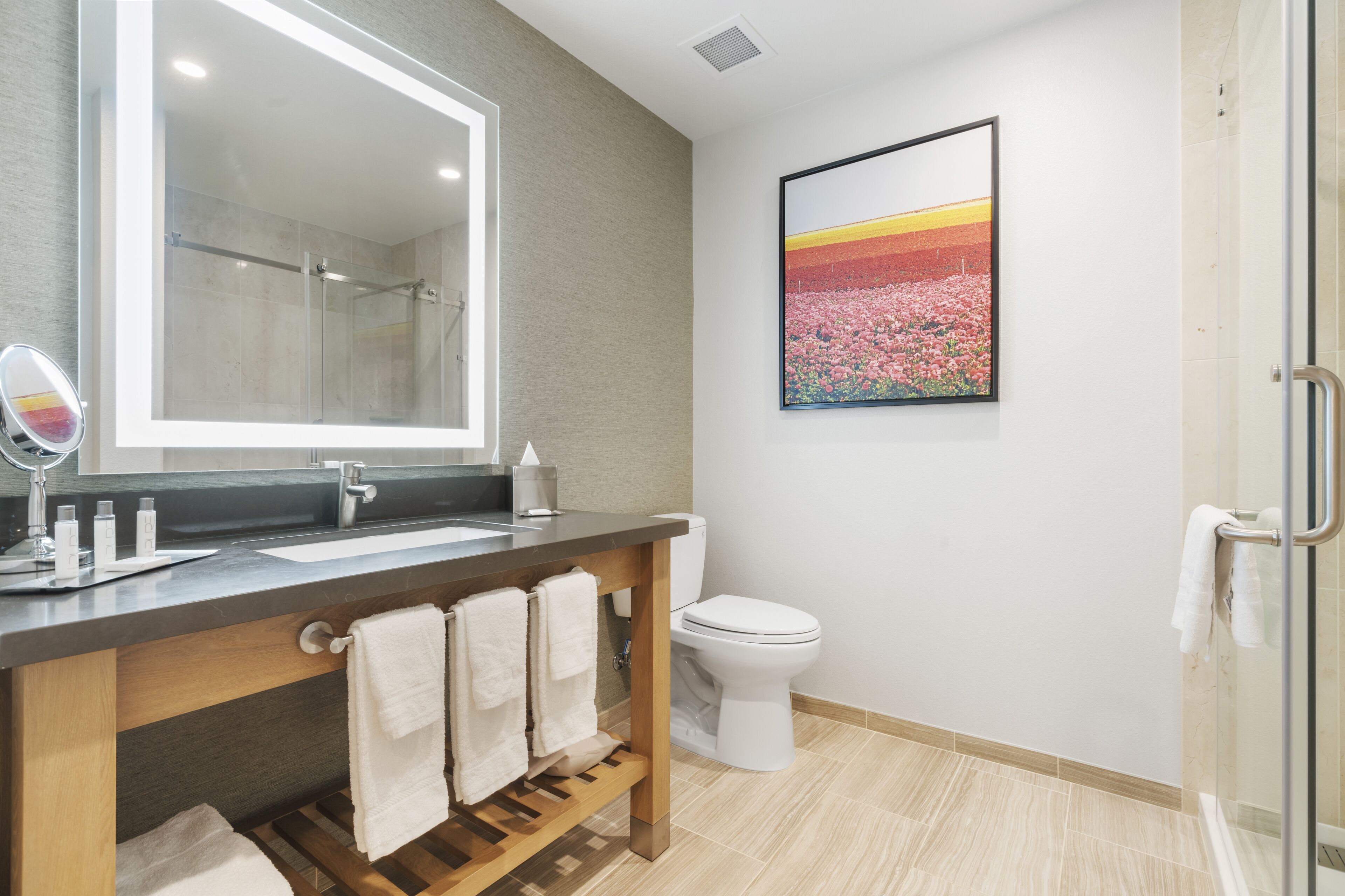 A modern bathroom with a glass shower enclosure, a large mirror, a sink with a towel rack, and a toilet.