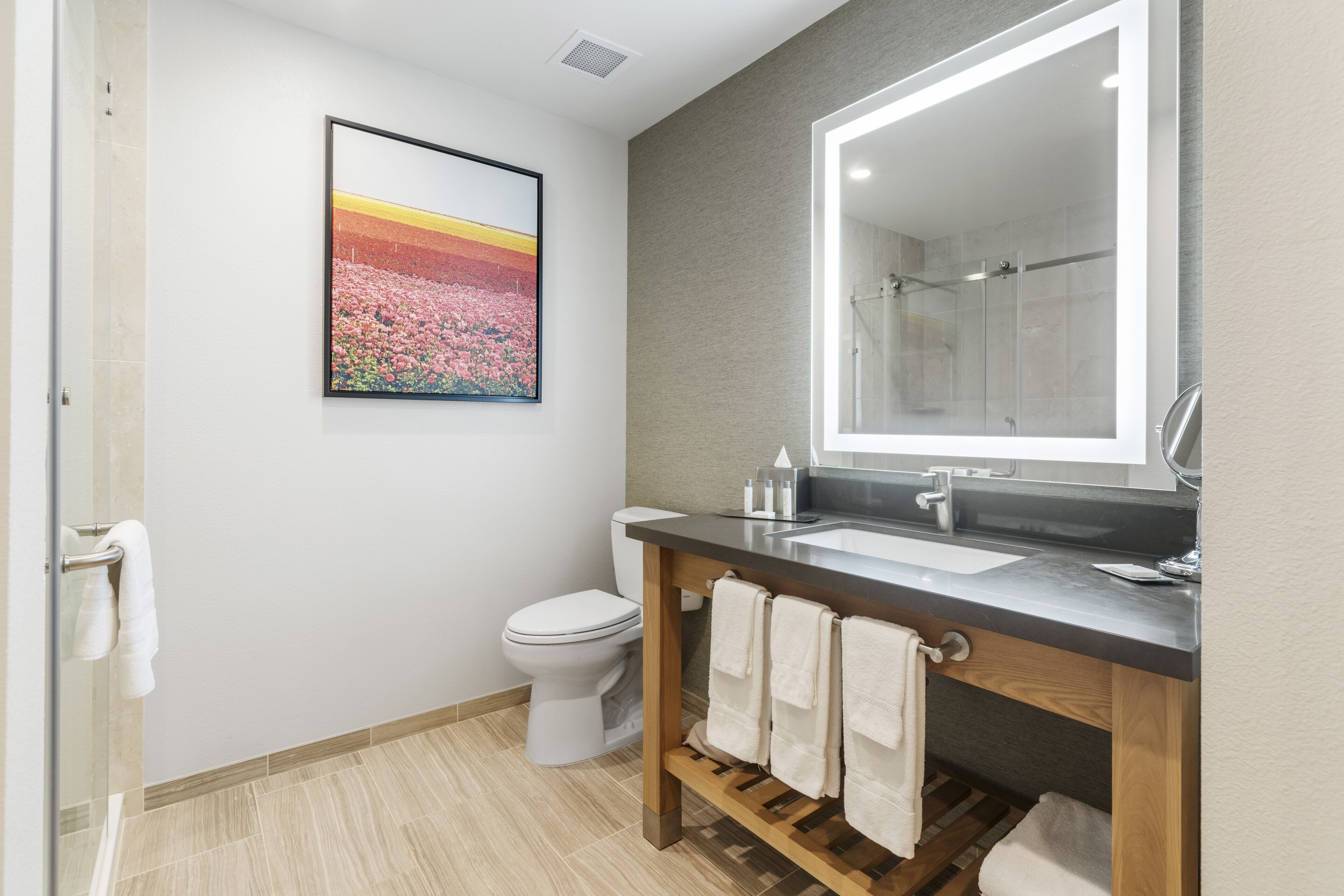 Un baño moderno con inodoro, lavamanos y ducha. Hay un cuadro en la pared y un perchero con toallas.